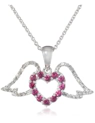 Sterling Silver Round Created Ruby and Genuine White Diamonds Angel Wings Pendant Necklace, 18"