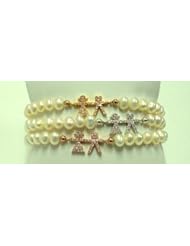 Stretch Bracelets Set of Three Sterling Silver Cz Boy and Girl Charm Gold White and Rose Plated on 6mm Natural Fresh Water Pearls About 6.75 Inches Aprox Handmade Unique