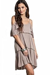 Cotton Above the Knee Off the Shoulder Spaghetti Strap Tank  Peasant Dress  With Ruffles
