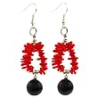 EXP Handmade Red Coral & Black Sardonyx Dangle Earrings With Silver Beads
