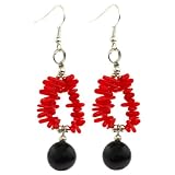 Handmade Red Coral & Black Sardonyx Dangle Earrings With Silver Beads