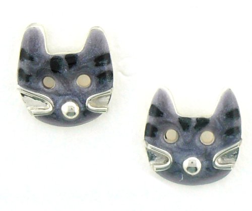 Black & White Cat Face Enamel & Sterling Post Earrings
