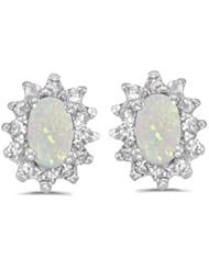 Birthstone Company 14k White Gold Oval Opal And Diamond Earrings