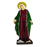 Vitrales, Virgin Mary in Fused Glass, Red and Green with Iron Candle-holder Base