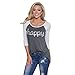 Fedi Apparel Womens 3/4 Sleeve Crew Neck Blouse Loose Tee Shirt Tops Letter Print Tee,Grey,X-Large