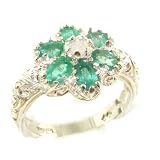 Solid English Sterling Silver Womens Fiery Opal & Emerald Art Nouveau Flower Ring - Finger Sizes 5 to 12 Available