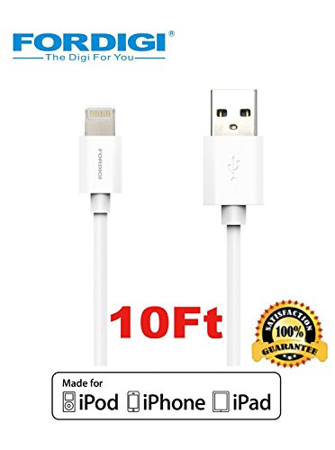 *Improved Version* FORDIGI® APPLE CERTIFIED Extra Long (10 Feet) USB Sync and Charging Lightning Cable for iPhone 5/5S/5C/6/6 Plus, iPad 4, iPad Air, iPad Mini (Apple Certified 10 Ft. White)