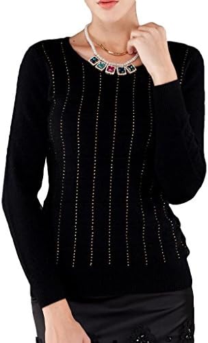 FOUQ Women's Graceful Mink Cashmere Gold thread Plaid Slim Fit Sweate Black L