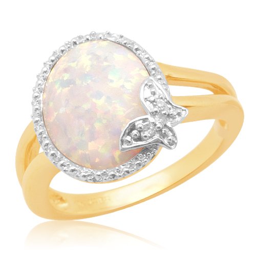 10k Yellow Gold Oval Created Opal Center with Diamonds Ring, Size 9