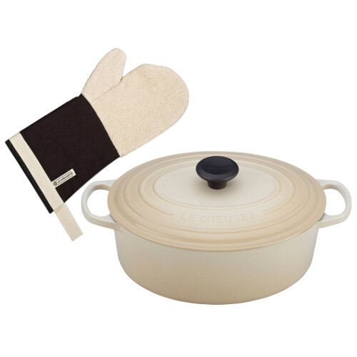 Le Creuset Signature Dune Enameled Cast Iron Oval French Oven, 6.75 Quart with FREE Black Onyx Oven Mitt