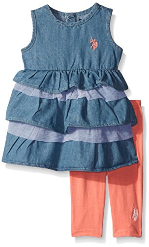 U.S. Polo Assn. Baby Girls' Ruffled Top with Capri Leggings, Calypso Peach, 18 Months