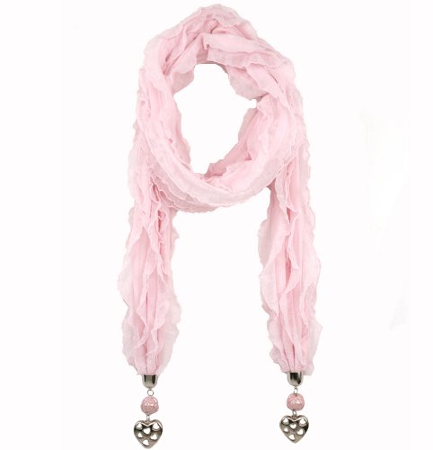Light Ruffle Heart and Rose Jewel Embellished Emily Scarf in Light Pink