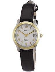 Timex Womens T2N252 Analog Bi-Metal Case Black Leather Strap Dress Watch