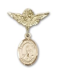 Gold Filled Baby Badge with St. Benjamin Charm and Angel with Wings Badge Pin