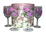 ArtisanStreet's Gift Set of 4 Wine Glasses with Matching Carrying Case. Features Hand Painted Lavender Floral Spray Design. One of a Kind, Signed by Artisan
