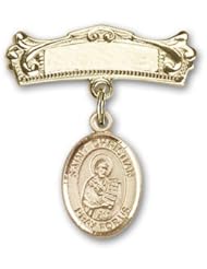 14K Gold Baby Badge with St. Christian Demosthenes Charm and Arched Polished Badge Pin