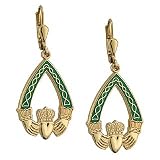 Gold Plated Tear Drop Claddagh Earrings - Green - Made in Ireland