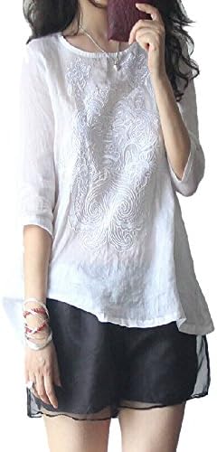 DAPENE Women's Summer Elegant Embroidered 3/4 Sleeve Design Linen Blouse White M