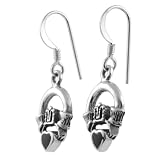 Sterling Silver Black Onyx Claddagh Shepherds Hook Earrings