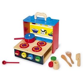 Foldable Wooden Play Kitchen with Saucepan, Ladle, Spoon, pots etc