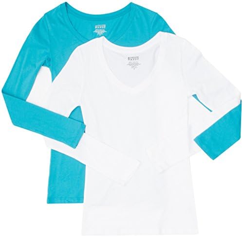 2 Pack Active Basic Women's Basic Long Sleeve V-Neck Tee Small White, Teal
