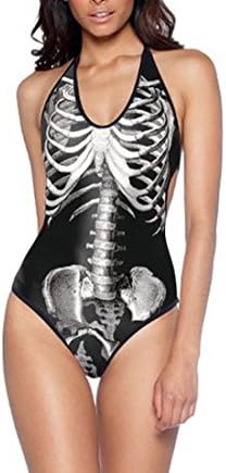 Massa Women Fashion 3D Printing One-Piece Swimming Suit Skull Black