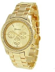 Geneva Womens Designer Inspired Chronograph Style Rhinestone Bezel Watch in Gold Tone