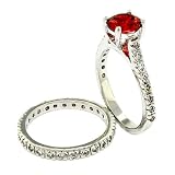 Classic/Vintage Wedding Ring Set w/Garnet, White CZs