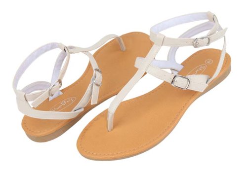 Womens Roman Gladiator Sandals Flats Thongs 2 buckle Shoes 4 colors (8, Beige 2554)