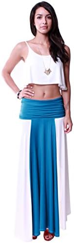 LeggingsQueen Women's Multi Style 2 Tone Color Convertible Dress/Maxi Skirt (Ivory+Teal, Large)