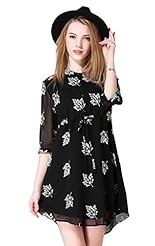 Chiffon/Silk General Print Summer Flared-Skirt Elbow Length Sleeves Cocktail Above the Knee  Sheer Mandarin Collar Evening Dress/Prom Dress/Party Dress/Mini Dress  With Pearls