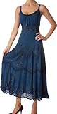 AA4012 - Stonewashed Rayon Embroidered Adjustable Spaghetti Straps Long Dress ( Various Colors & Sizes ) - Navy 1X/2X