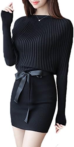 Womens Long Sleeve Crewneck Kint Sweater Dress (Large, Black)
