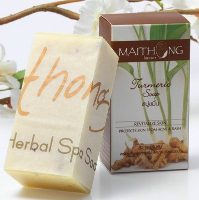 MaiThong Turmeric Herbal Soap Bar for Face and Body, Prevent Acne, Products of Thailand