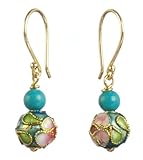 Gold Plated Sterling Stabilized Turquoise and Cloisonne Bead Drop Earrings