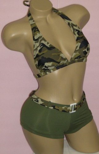 Buy Womens Junior Size Swimwear New Army Green Camo Boyshorts 2 pc Bikini Swimsuit