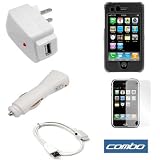 Solid Black Rubberized Snap-on Hard Cover Case + Clear Reusable LCD Screen Protector + USB Data Cable + USB Home Travel Charger + USB Car Charger for Apple 2nd Generation Iphone 3G Smartphone