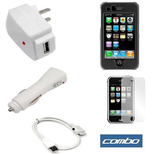 Solid Black Rubberized Snap-on Hard Cover Case + Clear Reusable LCD Screen Protector + USB Data Cable + USB Home Travel Charger + USB Car Charger for Apple 2nd Generation Iphone 3G Smartphone