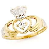 10K Solid Two-Tone Gold CZ Claddagh Ring Jewelry