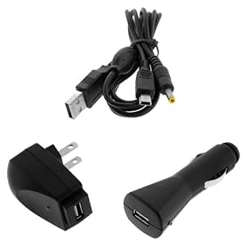 GTMax USB Car Charger+USB Travel AC Home Wall Charger+2-In-1 USB Data Cable For Sony PlayStation Portable PSP 3000