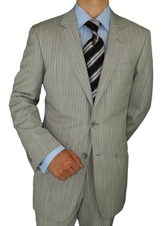 100% Pure Wool Modern Slim Fit Suit For Everyday Use 2 Button Jacket Plus Flat Front Pants Super 150'S Italian Men's Suits Light Gray Stripe