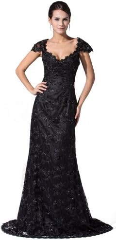 herafa p31023-20 Evening Gowns Elegant Scoop Neck Cap Sleeve Hand-Sewn Beads Lace Applique Long 0 A-Line Black