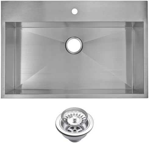 Water Creation SSS-TS-3322A 33" X 22" Zero Radius Single Bowl Stainless Steel Hand Made Drop In Kitchen Sink With Drain and Strainer Premium Scratch Resistant Satin Stainless Steel