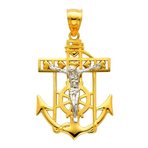 14K Yellow and White 2 Two Tone Gold Jesus Crucifix Anchor Religious Charm Pendant