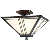 Pagoda - 3 Light Mission Flush Mount Ceiling Lighting Fixture - Brushed Bronze - Tan Tiffany Glass - B6636
