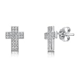 Micro Pave Cubic Zirconia CZ 925 Sterling Silver Cross Stud Earrings - Nickel Free