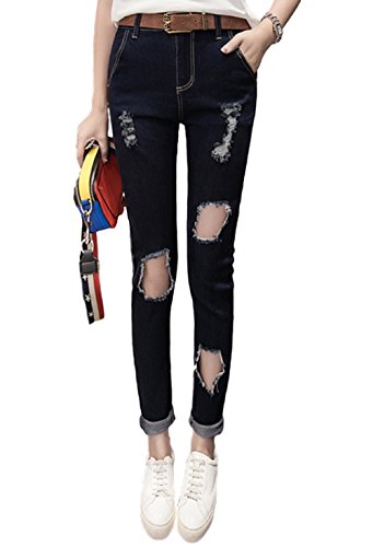 レディース スリムストレッチ ダメージジーンズ テーパード デニムパンツ 穴あき ペンシルパンツ セクシー ストリート カジュアル オリジナルアクセサリー付属 NYC0592