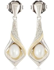 S&G Sterling Silver, 14k Yellow Gold and Diamond Accent Calla Lilly Freshwater Cultured Pearl Earrings