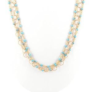 Triple Strand Turquoise Gemstone Beaded Choker Necklace with Twisted Gold Filled Chain, 15" Length, #7544