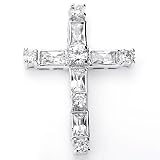 Glittering Solid Sterling Silver Cubic Zirconia Rhodium Plated Cross Pendant with Round and Baguette Cubic Zirconia Stones.